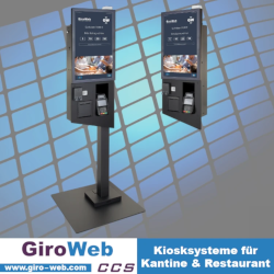Barrierefreie GiroWeb Kiosk-Systeme: Multifunktionale Touch-Terminals mit Cloud-Funktionalitäten für Digital Signage und Bezahlung via Lohn & Gehalt, Bargeld, Karten, Mobiltelefon, Smartwatch, Apple Pay und Google Pay